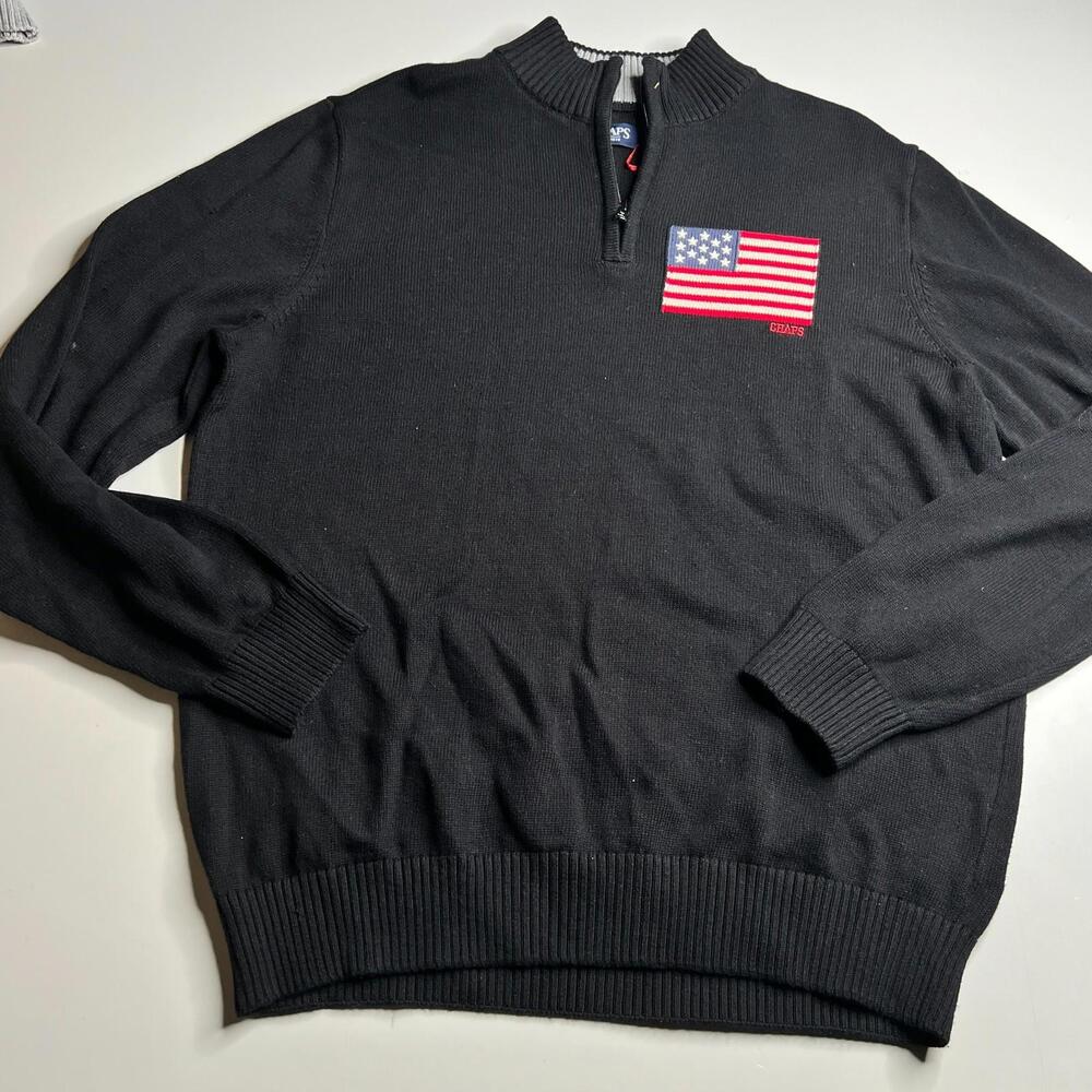 Chaps Half Zip Sweater XL Black USA Flag Patch Cotton‎ Pullover Mens